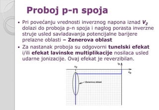 Proboj p-n spoja
 Pri povećanju vrednosti inverznog napona iznad VZ
dolazi do proboja p-n spoja i naglog porasta inverzne
struje usled savladavanja potencijalne barijere
prelazne oblasti – Zenerova oblast
 Za nastanak proboja su odgovorni tunelski efekat
i/ili efekat lavinske multiplikacije nosilaca usled
udarne jonizacije. Ovaj efekat je reverzibilan.
 