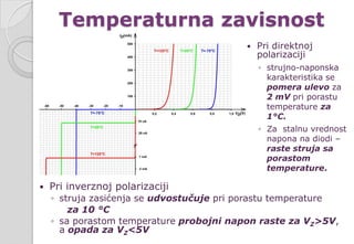 Temperaturna zavisnost
 Pri direktnoj
polarizaciji
◦ strujno-naponska
karakteristika se
pomera ulevo za
2 mV pri porastu
temperature za
1°C.
◦ Za stalnu vrednost
napona na diodi –
raste struja sa
porastom
temperature.
 Pri inverznoj polarizaciji
◦ struja zasićenja se udvostučuje pri porastu temperature
za 10 °C
◦ sa porastom temperature probojni napon raste za VZ>5V,
a opada za VZ<5V
 
