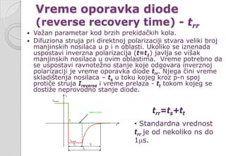Vreme oporavka diode
(reverse recovery time) - trr
 Važan parametar kod brzih prekidačkih kola.
 Difuziona struja pri direktnoj polarizaciji stvara veliki broj
manjinskih nosilaca u p i n oblasti. Ukoliko se iznenada
uspostavi inverzna polarizacija (t=t1) javlja se višak
manjinskih nosilaca u ovim oblastima. Vreme potrebno da
se uspostavi ravnotežno stanje koje odgovara inverznoj
polarizaciji je vreme oporavka diode trr. Njega čini vreme
skladištenja nosilaca – ts u toku kojeg kroz p-n spoj
protiče struja Ireverse i vreme prelaza - tt tokom kojeg se
dostiže neprovodno stanje diode.
trr=ts+tt
• Standardna vrednost
trr je od nekoliko ns do
1µs.
 