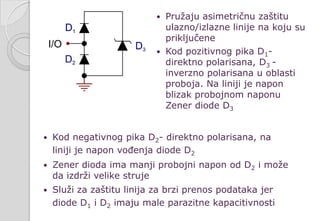  Pružaju asimetričnu zaštitu
ulazno/izlazne linije na koju su
priključene
 Kod pozitivnog pika D1-
direktno polarisana, D3 -
inverzno polarisana u oblasti
proboja. Na liniji je napon
blizak probojnom naponu
Zener diode D3
 Kod negativnog pika D2- direktno polarisana, na
liniji je napon vođenja diode D2
 Zener dioda ima manji probojni napon od D2 i može
da izdrži velike struje
 Služi za zaštitu linija za brzi prenos podataka jer
diode D1 i D2 imaju male parazitne kapacitivnosti
 
