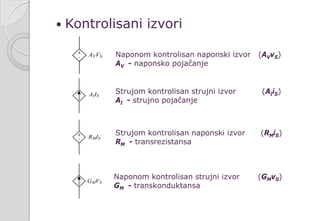  Kontrolisani izvori
Naponom kontrolisan naponski izvor (AVvS)
AV - naponsko pojačanje
Strujom kontrolisan strujni izvor (AIiS)
AI - strujno pojačanje
Strujom kontrolisan naponski izvor (RMiS)
RM - transrezistansa
Naponom kontrolisan strujni izvor (GMvS)
GM - transkonduktansa
 
