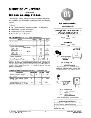 © Semiconductor Components Industries, LLC, 2006
January, 2006 − Rev. 4
1 Publication Order Number:
MMBV109LT1/D
MMBV109LT1, MV209
Preferred Devices
Silicon Epicap Diodes
Designed for general frequency control and tuning applications;
providing solid−state reliability in replacement of mechanical tuning
methods.
Features
• High Q with Guaranteed Minimum Values at VHF Frequencies
• Controlled and Uniform Tuning Ratio
• Available in Surface Mount Package
• Pb−Free Packages are Available
MAXIMUM RATINGS (TC = 25°C unless otherwise noted)
Rating Symbol Value Unit
Reverse Voltage VR 30 Vdc
Forward Current IF 200 mAdc
Forward Power Dissipation
MMBV109LT1
@ TA = 25°C
Derate above 25°C
MV209
@ TA = 25°C
Derate above 25°C
PD
200
2.0
200
1.6
mW
mW/°C
mW
mW/°C
Junction Temperature TJ +125 °C
Storage Temperature Range Tstg −55 to +150 °C
Maximum ratings are those values beyond which device damage can occur.
Maximum ratings applied to the device are individual stress limit values (not
normal operating conditions) and are not valid simultaneously. If these limits are
exceeded, device functional operation is not implied, damage may occur and
reliability may be affected.
ELECTRICAL CHARACTERISTICS (TA = 25°C unless otherwise noted)
Characteristic Symbol Min Typ Max Unit
Reverse Breakdown Voltage
(IR = 10 mAdc)
V(BR)R 30 − − Vdc
Reverse Voltage Leakage Current
(VR = 25 Vdc)
IR − − 0.1 mAdc
Diode Capacitance Temperature Co-
efficient (VR = 3.0 Vdc, f = 1.0 MHz)
TCC − 300 − ppm/°C
http://onsemi.com
26−32 pF VOLTAGE VARIABLE
CAPACITANCE DIODES
3
Cathode
1
Anode
2
Cathode
1
Anode
SOT−23
TO−92
Preferred devices are recommended choices for future use
and best overall value.
1
2
3
1
2
MV
209
AYWW G
G
TO−92 (TO−226AC)
CASE 182
STYLE 1
SOT−23 (TO−236)
CASE 318−08
STYLE 8
MV209 = Device Code
A = Assembly Location
Y = Year
WW = Work Week
G = Pb−Free Package
See detailed ordering and shipping information in the package
dimensions section on page 2 of this data sheet.
ORDERING INFORMATION
1
M4A M G
G
M4A = Device Code
M = Date Code*
G = Pb−Free Package
(Note: Microdot may be in either location)
(Note: Microdot may be in either location)
*Date Code orientation and/or overbar may
vary depending upon manufacturing location.
MARKING
DIAGRAMS
 