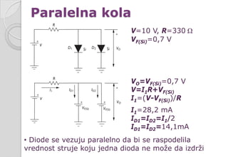 Paralelna kola
V=10 V, R=330 Ω
VF(Si)=0,7 V
VO=VF(Si)=0,7 V
V=I1R+VF(Si)
I1=(V-VF(Si))/R
I1=28,2 mA
ID1=ID2=I1/2
ID1=ID2=14,1mA
• Diode se vezuju paralelno da bi se raspodelila
vrednost struje koju jedna dioda ne može da izdrži
 