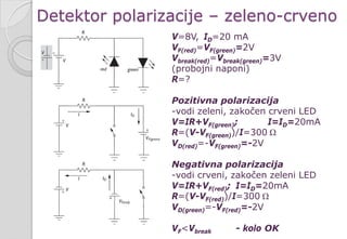 Detektor polarizacije – zeleno-crveno
V=8V, ID=20 mA
VF(red)=VF(green)=2V
Vbreak(red)=Vbreak(green)=3V
(probojni naponi)
R=?
Pozitivna polarizacija
-vodi zeleni, zakočen crveni LED
V=IR+VF(green); I=ID=20mA
R=(V-VF(green))/I=300 Ω
VD(red)=-VF(green)=-2V
Negativna polarizacija
-vodi crveni, zakočen zeleni LED
V=IR+VF(red); I=ID=20mA
R=(V-VF(red))/I=300 Ω
VD(green)=-VF(red)=-2V
VF<Vbreak - kolo OK
 