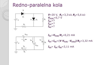 Redno-paralelna kola
V=20 V, R1=3,3 kΩ, R2=5,6 kΩ
VF(Si)=0,7 V
ID1=?
ID2=?
IR1=?
IR1=VF(Si)/R1=0,21 mA
ID1=IR2=(V-VF(Si) -VF(Si))/R2=3,32 mA
ID2= ID1-IR2=3,11 mA
 