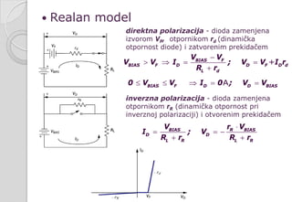  Realan model
+BIAS F
BIAS F D D F D d
L d
V V
V V I ; V V I r
R r
−
> ⇒= =
+
direktna polarizacija - dioda zamenjena
izvorom VF, otpornikom rd (dinamička
otpornost diode) i zatvorenim prekidačem
inverzna polarizacija - dioda zamenjena
otpornikom rR (dinamička otpornost pri
inverznoj polarizaciji) i otvorenim prekidačem
BIAS R BIAS
D D
L R L R
V r V
I ; V
R r R r
⋅
= = −
+ +
ABIAS F D D BIAS0 V V I 0 ; V V≤ ≤ ⇒= =
 
