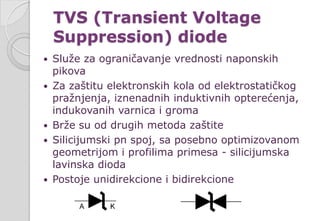 TVS (Transient Voltage
Suppression) diode
 Služe za ograničavanje vrednosti naponskih
pikova
 Za zaštitu elektronskih kola od elektrostatičkog
pražnjenja, iznenadnih induktivnih opterećenja,
indukovanih varnica i groma
 Brže su od drugih metoda zaštite
 Silicijumski pn spoj, sa posebno optimizovanom
geometrijom i profilima primesa - silicijumska
lavinska dioda
 Postoje unidirekcione i bidirekcione
 
