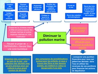 Diminuer la
pollution marine
Réussir le projet de «
TAPPARURA » Rendre Sfax
une zone touristique
Preserver la richesse marine
à Sfax et surtout sauver les
tortues marines et autres
espèces marines en voie
l’extinction
Délocalisation
de la SIAP
Réaliser des actions
efficaces pour
diminuer la pollution
marine
Création
des
emplois
Épargne
des lieux de
loisirs pour
les sfaxiens
Enrichir le
budget
d’Etat grâce
aux
revenues
touristiques
Propreté
des plages
à Sfax
Augmenter
la proie des
pêcheurs
Protéger la
faune et la
flore marine
Profiter des
avantages des
espèces
marines tel
que la tortue
Pureté de
la mer
Recul des maladies
dermatologiques
Recul des frais
de traitements
et donc utiliser
l’argent pour
investir et créer
des emplois
Organiser des compétitions
au sein de la mer , une
collection des déchets avec
un prix précieux pour qui
collecte le plus grand
nombre de déchets
-des campagnes de sensibilisations
surtout pour les enfants, et ceux a
travers des films et des dessins
animés, qui mettent en valeur la
dangerosité d’une telle
- consacrer une punition
financière pour ceux qui
jettent les déchets dans
l’eau et utiliser les
revenues de ces punitions
pour financier les actions
de dépollution
 