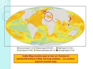 Cette Map montre que la mer en Tunisie et
particulièrement à Sfax est trop polluée .. La couleur
marron montre cela
 