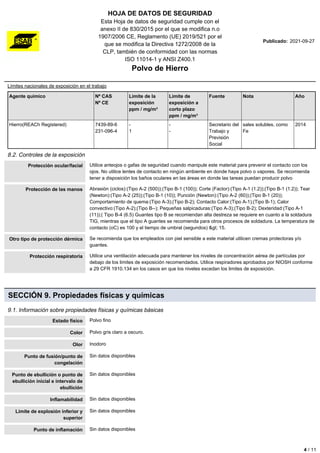 HOJA DE DATOS DE SEGURIDAD
Esta Hoja de datos de seguridad cumple con el
anexo II de 830/2015 por el que se modifica n.o
1907/2006 CE, Reglamento (UE) 2019/521 por el
que se modifica la Directiva 1272/2008 de la
CLP, también de conformidad con las normas
ISO 11014-1 y ANSI Z400.1
Polvo de Hierro
Publicado: 2021-09-27
Límites nacionales de exposición en el trabajo
Agente químico Nº CAS
Nº CE
Límite de la
exposición
ppm / mg/m³
Límite de
exposición a
corto plazo
ppm / mg/m³
Fuente Nota Año
Hierro(REACh Registered) 7439-89-6
231-096-4
-
1
-
-
Secretario del
Trabajo y
Previsión
Social
sales solubles, como
Fe
2014
8.2. Controles de la exposición
Protección ocular/facial Utilice anteojos o gafas de seguridad cuando manipule este material para prevenir el contacto con los
ojos. No utilice lentes de contacto en ningún ambiente en donde haya polvo o vapores. Se recomienda
tener a disposición los baños oculares en las áreas en donde las tareas puedan producir polvo
Protección de las manos Abrasión (ciclos):(Tipo A-2 (500));(Tipo B-1 (100)); Corte (Factor):(Tipo A-1 (1.2));(Tipo B-1 (1.2)); Tear
(Newton):(Tipo A-2 (25));(Tipo B-1 (10)); Punción (Newton):(Tipo A-2 (60));(Tipo B-1 (20));
Comportamiento de quema:(Tipo A-3);(Tipo B-2); Contacto Calor:(Tipo A-1);(Tipo B-1); Calor
convectivo:(Tipo A-2);(Tipo B--); Pequeñas salpicaduras:(Tipo A-3);(Tipo B-2); Dexteridad:(Tipo A-1
(11));( Tipo B-4 (6.5) Guantes tipo B se recomiendan alta destreza se requiere en cuanto a la soldadura
TIG, mientras que el tipo A guantes se recomienda para otros procesos de soldadura. La temperatura de
contacto (oC) es 100 y el tiempo de umbral (segundos) > 15.
Otro tipo de protección dérmica Se recomienda que los empleados con piel sensible a este material utilicen cremas protectoras y/o
guantes.
Protección respiratoria Utilice una ventilación adecuada para mantener los niveles de concentración aérea de partículas por
debajo de los limites de exposición recomendados. Utilice respiradores aprobados por NIOSH conforme
a 29 CFR 1910.134 en los casos en que los niveles excedan los limites de exposición.
SECCIÓN 9. Propiedades físicas y químicas
9.1. Información sobre propiedades físicas y químicas básicas
Estado físico Polvo fino
Color Polvo gris claro a oscuro.
Olor Inodoro
Punto de fusión/punto de
congelación
Sin datos disponibles
Punto de ebullición o punto de
ebullición inicial e intervalo de
ebullición
Sin datos disponibles
Inflamabilidad Sin datos disponibles
Límite de explosión inferior y
superior
Sin datos disponibles
Punto de inflamación Sin datos disponibles
4 / 11
 