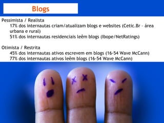 Redes Sociais Blogs Pessimista / Realista 17% dos internautas criam/atualizam blogs e websites (Cetic.Br – área urbana e rural) 51% dos internautas residenciais leêm blogs (Ibope/NetRatings) Otimista / Restrita 45% dos internautas ativos escrevem em blogs (16-54 Wave McCann) 77% dos internautas ativos leêm blogs (16-54 Wave McCann) 