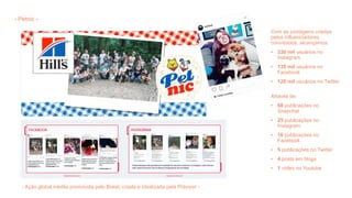 Com as postagens criadas
pelos influenciadores
convidados, alcançamos:
• 330 mil usuários no
Instagram
• 135 mil usuários no
Facebook
• 125 mil usuários no Twitter
Através de:
• 68 publicações no
Snapchat
• 25 publicações no
Instagram
• 16 publicações no
Facebook
• 5 publicações no Twitter
• 4 posts em blogs
• 1 vídeo no Youtube
RelatórioPetNicHill’sPet– abr/16
INSTAGRAM
[
]
87,9mil seguidores 70,1mil seguidores 23,2mil seguidores25,1mil seguidores34mil seguidores
NossosdestaquesmaisexpressivosemexposiçãodemarcaseconcentramnoInstagram, ondetivemoso
maior alcancepotencial (volumeabsolutodeseguidores) dosconvidados.
RelatórioPetNicHill’sPet– abr/16
FACEBOOK
[
]
A páginaLandog, doscachorros
daStephanieLandim, divulgou
asfotosevídeospostadosno
Instagram.
Curtidasdapágina: 9,5k
O influenciador eblogueiroRodrigo
Pirespostouemsuapágina, no
facebook, olink paraamatériaque
fezemseublogfalandosobreo
PetNic.
Curtidasdapágina: 6,3k
A páginadoIt Pet Blog
compartilhoualgumasdasfotos
doseuInstagram.
Curtidasdapágina: 33k
A páginaBelezaInterior?, da
blogueiraMaraisaFidelis, publicou
duasfotosdoevento, coma
hashtag#PetNicHills.
Curtidasdapágina: 40,6K
A páginadoapresentador Caco
deCastropublicouumafotocom
ahashtag#PetNicHills
Curtidasdapágina: 46,3k
- Petnic -
- Ação global inédita promovida pelo Brasil, criada e idealizada pela Pólvora! -
 
