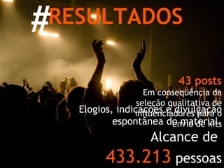 Elogios, indicações e divulgação espontânea do material. RESULTADOS 43 posts Em conseqüência da seleção qualitativa de influenciadores para o envio de kits # Alcance de   433.213   pessoas 