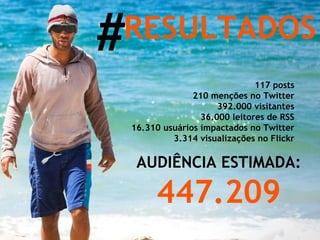 RESULTADOS AUDIÊNCIA ESTIMADA: 447.209 117 posts 210 menções no Twitter 392.000 visitantes 36.000 leitores de RSS 16.310 usuários impactados no Twitter 3.314 visualizações no Flickr # 