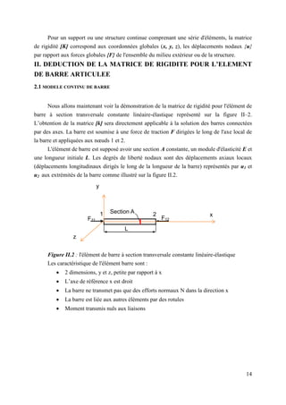 14
Pour un support ou une structure continue comprenant une série d'éléments, la matrice
de rigidité [K] correspond aux coordonnées globales (x, y, z), les déplacements nodaux {u}
par rapport aux forces globales {F} de l'ensemble du milieu extérieur ou de la structure.
II. DEDUCTION DE LA MATRICE DE RIGIDITE POUR L’ELEMENT
DE BARRE ARTICULEE
2.1 MODELE CONTINU DE BARRE
Nous allons maintenant voir la démonstration de la matrice de rigidité pour l'élément de
barre à section transversale constante linéaire-élastique représenté sur la figure II–2.
L’obtention de la matrice [k] sera directement applicable à la solution des barres connectées
par des axes. La barre est soumise à une force de traction F dirigées le long de l'axe local de
la barre et appliquées aux nœuds 1 et 2.
L'élément de barre est supposé avoir une section A constante, un module d'élasticité E et
une longueur initiale L. Les degrés de liberté nodaux sont des déplacements axiaux locaux
(déplacements longitudinaux dirigés le long de la longueur de la barre) représentés par u1 et
u2 aux extrémités de la barre comme illustré sur la figure II.2.
Figure II.2 : l'élément de barre à section transversale constante linéaire-élastique
Les caractéristique de l'élément barre sont :
 2 dimensions, y et z, petite par rapport à x
 L’axe de référence x est droit
 La barre ne transmet pas que des efforts normaux N dans la direction x
 La barre est liée aux autres éléments par des rotules
 Moment transmis nuls aux liaisons
1 2
L
F11 F12
Section A
z
y
x
 