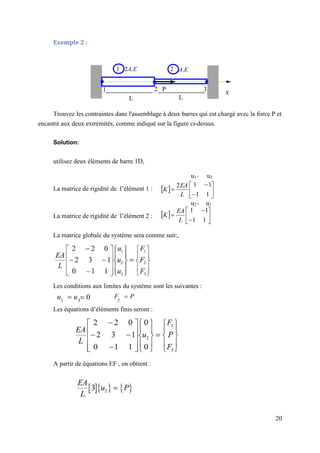 20
Exemple 2 :
Trouvez les contraintes dans l'assemblage à deux barres qui est chargé avec la force P et
encastré aux deux extrémités, comme indiqué sur la figure ci-dessus.
Solution:
utilisez deux éléments de barre 1D,
La matrice de rigidité de l’élément 1 :
La matrice de rigidité de l’élément 2 :
La matrice globale du système sera comme suit:,
Les conditions aux limites du système sont les suivantes :
u1
 u3
 0 F
2
 P
Les équations d’éléments finis seront :
A partir de équations EF , on obtient :
x
1 2A,E 2 A,E
P
L
L
3
2
1
  








1
1
1
1
2
L
EA
K
  








1
1
1
1
L
EA
K
u1 u2
u2 u3
 