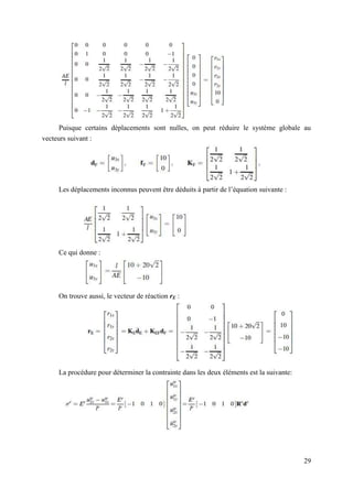 29
Puisque certains déplacements sont nulles, on peut réduire le système globale au
vecteurs suivant :
Les déplacements inconnus peuvent être déduits à partir de l’équation suivante :
Ce qui donne :
On trouve aussi, le vecteur de réaction rE :
La procédure pour déterminer la contrainte dans les deux éléments est la suivante:
 