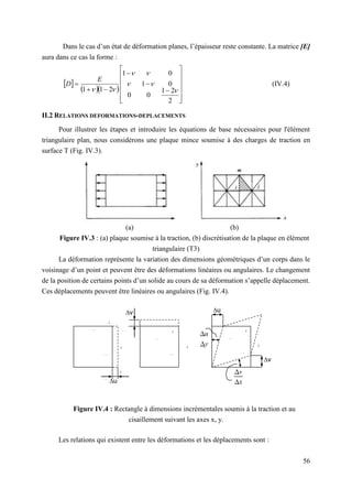 56
Dans le cas d’un état de déformation planes, l’épaisseur reste constante. La matrice [E]
aura dans ce cas la forme :
 
  


















2
2
1
0
0
0
1
0
1
2
1
1 






E
D (IV.4)
II.2 RELATIONS DEFORMATIONS-DEPLACEMENTS
Pour illustrer les étapes et introduire les équations de base nécessaires pour l'élément
triangulaire plan, nous considérons une plaque mince soumise à des charges de traction en
surface T (Fig. IV.3).
(a) (b)
Figure IV.3 : (a) plaque soumise à la traction, (b) discrétisation de la plaque en élément
triangulaire (T3)
La déformation représente la variation des dimensions géométriques d’un corps dans le
voisinage d’un point et peuvent être des déformations linéaires ou angulaires. Le changement
de la position de certains points d’un solide au cours de sa déformation s’appelle déplacement.
Ces déplacements peuvent être linéaires ou angulaires (Fig. IV.4).
Figure IV.4 : Rectangle à dimensions incrémentales soumis à la traction et au
cisaillement suivant les axes x, y.
Les relations qui existent entre les déformations et les déplacements sont :

x

y

u

x

y

v 
x

y
v
u
u
v
 