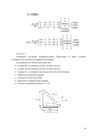 68
Exemple 2 :
Considérons une plaque triangulaire comme indiqué dans la figure ci-dessus.
Considérons un seul élément triangulaire de maillage.
Les conditions aux limites sont comme suit :
 La ligne BC est contrainte suivant y est libre suivant x.
 La ligne AB est contrainte suivant x est libre suivant y
 La ligne AC est soumise à une charge comme le montre la figure.
1. Déterminer la matrice de rigidité
2. Calculer le vecteur force nodal
3. Déterminer les déplacements inconnus.
4. Calculer la contrainte au point (1,5 ; 1,5)
 
