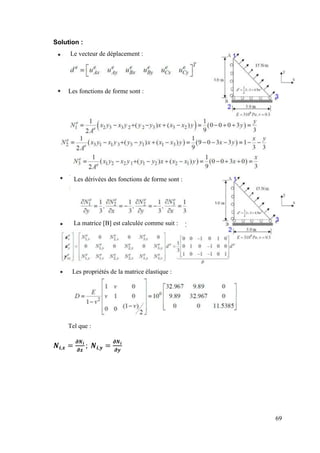 69
Solution :
Le vecteur de déplacement :
Les fonctions de forme sont :
Les dérivées des fonctions de forme sont :
La matrice [B] est calculée comme suit :
Les propriétés de la matrice élastique :
Tel que :
 
