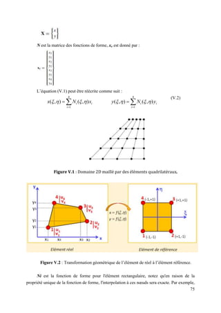 75
N est la matrice des fonctions de forme, xe est donné par :
L’équation (V.1) peut être réécrite comme suit :
(V.2)
Figure V.1 : Domaine 2D maillé par des éléments quadrilatéraux.
Figure V.2 : Transformation géométrique de l’élément de réel à l’élément référence.
Ni est la fonction de forme pour l'élément rectangulaire, notez qu'en raison de la
propriété unique de la fonction de forme, l'interpolation à ces nœuds sera exacte. Par exemple,
4
1
4
1
)
,
(
)
,
(
)
,
(
)
,
( i
i
i
i
i
i y
N
y
x
N
x 






 
 



 