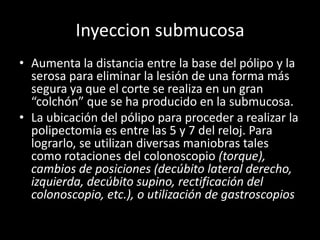 Inyeccion submucosa
• Aumenta la distancia entre la base del pólipo y la
serosa para eliminar la lesión de una forma más
segura ya que el corte se realiza en un gran
“colchón” que se ha producido en la submucosa.
• La ubicación del pólipo para proceder a realizar la
polipectomía es entre las 5 y 7 del reloj. Para
lograrlo, se utilizan diversas maniobras tales
como rotaciones del colonoscopio (torque),
cambios de posiciones (decúbito lateral derecho,
izquierda, decúbito supino, rectificación del
colonoscopio, etc.), o utilización de gastroscopios
 