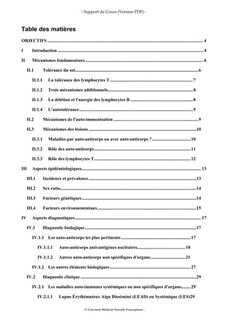 - Support de Cours (Version PDF) -
- © Université Médicale Virtuelle Francophone -
Table des matières
OBJECTIFS ......................................................................................................................................... 4
I Introduction ................................................................................................................................ 4
II Mécanismes fondamentaux........................................................................................................ 6
II.1 Tolérance du soi.............................................................................................................6
II.1.1 La tolérance des lymphocytes T.........................................................................7
II.1.2 Trois mécanismes additionnels...........................................................................8
II.1.3 La délétion et l'anergie des lymphocytes B .......................................................8
II.1.4 L'autotolérance....................................................................................................9
II.2 Mécanismes de l'auto-immunisation ...........................................................................9
II.3 Mécanismes des lésions...............................................................................................10
II.3.1 Maladies par auto-anticorps ou avec auto-anticorps ?..................................10
II.3.2 Rôle des auto-anticorps.....................................................................................11
II.3.3 Rôle des lymphocytes T.....................................................................................12
III Aspects épidémiologiques......................................................................................................... 13
III.1 Incidence et prévalence...............................................................................................13
III.2 Sex ratio........................................................................................................................14
III.3 Facteurs génétiques.....................................................................................................14
III.4 Facteurs environnementaux.......................................................................................15
IV Aspects diagnostiques............................................................................................................... 17
IV.1 Diagnostic biologique..................................................................................................17
IV.1.1 Les auto-anticorps les plus pertinents .............................................................17
IV.1.1.1 Auto-anticorps anti-antigènes nucléaires.......................................... 18
IV.1.1.2 Autres auto-anticorps non spécifiques d'organe.............................. 21
IV.1.2 Les autres éléments biologiques .......................................................................27
IV.2 Diagnostic clinique ......................................................................................................29
IV.2.1 Les maladies auto-immunes systémiques ou non spécifiques d'organe........29
IV.2.1.1 Lupus Érythémateux Aigu Disséminé (LEAD) ou Systémique (LES)29
 