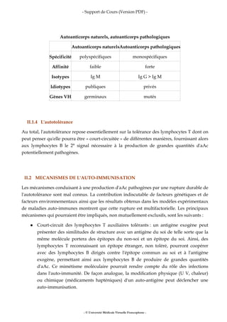 - Support de Cours (Version PDF) -
- © Université Médicale Virtuelle Francophone -
Autoanticorps naturels, autoanticorps pathologiques
Autoanticorps naturelsAutoanticorps pathologiques
Spécificité polyspécifiques monospécifiques
Affinité faible forte
Isotypes Ig M Ig G > Ig M
Idiotypes publiques privés
Gènes VH germinaux mutés
II.1.4 L'autotolérance
Au total, l'autotolérance repose essentiellement sur la tolérance des lymphocytes T dont on
peut penser qu'elle pourra être « court-circuitée » de différentes manières, fournissant alors
aux lymphocytes B le 2° signal nécessaire à la production de grandes quantités d'aAc
potentiellement pathogènes.
II.2 MECANISMES DE L'AUTO-IMMUNISATION
Les mécanismes conduisant à une production d'aAc pathogènes par une rupture durable de
l'autotolérance sont mal connus. La contribution indiscutable de facteurs génétiques et de
facteurs environnementaux ainsi que les résultats obtenus dans les modèles expérimentaux
de maladies auto-immunes montrent que cette rupture est multifactorielle. Les principaux
mécanismes qui pourraient être impliqués, non mutuellement exclusifs, sont les suivants :
Court-circuit des lymphocytes T auxiliaires tolérants : un antigène exogène peut
présenter des similitudes de structure avec un antigène du soi de telle sorte que la
même molécule portera des épitopes du non-soi et un épitope du soi. Ainsi, des
lymphocytes T reconnaissant un épitope étranger, non toléré, pourront coopérer
avec des lymphocytes B dirigés contre l'épitope commun au soi et à l'antigène
exogène, permettant ainsi aux lymphocytes B de produire de grandes quantités
d'aAc. Ce mimétisme moléculaire pourrait rendre compte du rôle des infections
dans l'auto-immunité. De façon analogue, la modification physique (U V, chaleur)
ou chimique (médicaments hapténiques) d'un auto-antigène peut déclencher une
auto-immunisation.
 