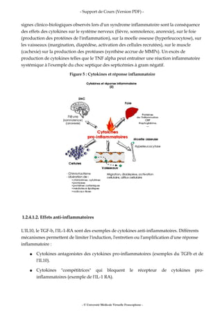 - Support de Cours (Version PDF) -
signes clinico-biologiques observés lors d'un syndrome inflammatoire sont la conséquence
des effets des cytokines sur le système nerveux (fièvre, somnolence, anorexie), sur le foie
(production des protéines de l'inflammation), sur la moelle osseuse (hyperleucocytose), sur
les vaisseaux (margination, diapédèse, activation des cellules recrutées), sur le muscle
(cachexie) sur la production des protéases (synthèse accrue de MMPs). Un excès de
production de cytokines telles que le TNF alpha peut entraîner une réaction inflammatoire
systémique à l'exemple du choc septique des septicémies à gram négatif.
Figure 5 : Cytokines et réponse inflammatoire
1.2.4.1.2. Effets anti-inflammatoires
L'IL10, le TGF-b, l'IL-1-RA sont des exemples de cytokines anti-inflammatoires. Différents
mécanismes permettent de limiter l'induction, l'entretien ou l'amplification d'une réponse
inflammatoire :
● Cytokines antagonistes des cytokines pro-inflammatoires (exemples du TGFb et de
l'IL10).
● Cytokines "compétitrices" qui bloquent le récepteur de cytokines pro-
inflammatoires (exemple de l'IL-1 RA).
- © Université Médicale Virtuelle Francophone -
 