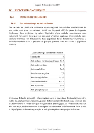 - Support de Cours (Version PDF) -
- © Université Médicale Virtuelle Francophone -
IV ASPECTS DIAGNOSTIQUES
IV.1 DIAGNOSTIC BIOLOGIQUE
IV.1.1 Les auto-anticorps les plus pertinents
Les aAc sont les principaux marqueurs immunologiques des maladies auto-immunes. Ils
sont utiles dans trois circonstances : établir un diagnostic difficile, poser le diagnostic
étiologique d'un syndrome ou suivre l'évolution d'une maladie auto-immune sous
traitement. Par contre, ils ne peuvent pas servir d'outil de dépistage d'une maladie auto-
immune donnée au sein de l'ensemble d'une population du fait de la faible prévalence de la
maladie considérée et de la présence de quelques porteurs sains d'aAc dans la population
normale.
Auto-anticorps chez l'individu sain
Spécificité %
Anti-cellules pariétales gastriques 3-5 %
Anti-mitochondries 1-4 %
Anti-muscle lisse 3-6 %
Anti-thyroperoxydase 7 %
Anti-thyroglobuline 2-23 %
Facteur rhumatoïde 4-14 %
Anti-nucléaires 2-5 %
Anti-phospholipides 2-15 %
L'existence de l'auto-immunité « physiologique », qui se traduit par des taux faibles ou très
faibles d'aAc chez l'individu normal, permet de bien comprendre la notion de seuil : un titre
d'aAc inférieur à ce seuil n'aura pas de signification pathologique. Ce seuil est variable d'un
aAc à un autre, selon la technique utilisée pour sa détection et, éventuellement, selon le sexe
et l'âge (figure) ; il doit être signalé par le biologiste et pris en compte par le clinicien.
 