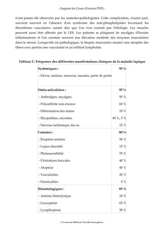 - Support de Cours (Version PDF) -
- © Université Médicale Virtuelle Francophone -
n'ont jamais été observées par les anatomo-pathologistes. Cette complication, d'autre part,
survient souvent en l'absence d'un syndrome des anti-phospholipides favorisant les
thromboses vasculaires: autant dire que l'on n'en connaît pas l'étiologie. Les muscles
peuvent aussi être affectés par le LES. Les patients se plaignent de myalgies d'horaire
inflammatoire et l'on constate souvent une élévation modérée des enzymes musculaires
dans le sérum. Lorsqu'elle est pathologique, la biopsie musculaire montre une atrophie des
fibres avec parfois une vascularite et un infiltrat lymphoïde.
Tableau 2 : Fréquence des différentes manifestations cliniques de la maladie lupique
Systémiques :
- Fièvre, malaise, anorexie, nausées, perte de poids
95 %
Ostéo-articulaires :
- Arthralgies, myalgies
- Polyarthrite non érosive
- Déformation des mains
- Myopathies, myosites
- Nécrose ischémique des os
95 %
95 %
60 %
10 %
40 %, 5 %
15 %
Cutanées :
- Éruption malaire
- Lupus discoïde
- Photosensibilité
- Ulcérations buccales
- Alopécie
- Vascularites
- Panniculites
80 %
50 %
15 %
70 %
40 %
40 %
20 %
5 %
Hématologiques :
- Anémie hémolytique
- Leucopénie
- Lymphopénie
85 %
10 %
65 %
50 %
 