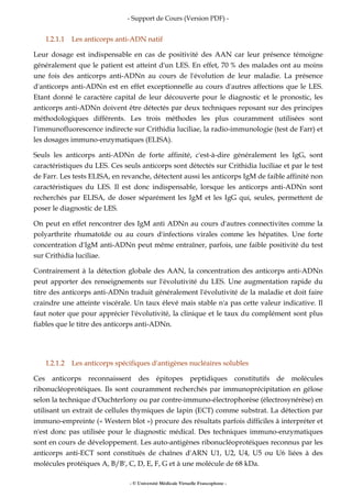 - Support de Cours (Version PDF) -
- © Université Médicale Virtuelle Francophone -
I.2.1.1 Les anticorps anti-ADN natif
Leur dosage est indispensable en cas de positivité des AAN car leur présence témoigne
généralement que le patient est atteint d'un LES. En effet, 70 % des malades ont au moins
une fois des anticorps anti-ADNn au cours de l'évolution de leur maladie. La présence
d'anticorps anti-ADNn est en effet exceptionnelle au cours d'autres affections que le LES.
Etant donné le caractère capital de leur découverte pour le diagnostic et le pronostic, les
anticorps anti-ADNn doivent être détectés par deux techniques reposant sur des principes
méthodologiques différents. Les trois méthodes les plus couramment utilisées sont
l'immunofluorescence indirecte sur Crithidia luciliae, la radio-immunologie (test de Farr) et
les dosages immuno-enzymatiques (ELISA).
Seuls les anticorps anti-ADNn de forte affinité, c'est-à-dire généralement les IgG, sont
caractéristiques du LES. Ces seuls anticorps sont détectés sur Crithidia luciliae et par le test
de Farr. Les tests ELISA, en revanche, détectent aussi les anticorps IgM de faible affinité non
caractéristiques du LES. Il est donc indispensable, lorsque les anticorps anti-ADNn sont
recherchés par ELISA, de doser séparément les IgM et les IgG qui, seules, permettent de
poser le diagnostic de LES.
On peut en effet rencontrer des IgM anti ADNn au cours d'autres connectivites comme la
polyarthrite rhumatoïde ou au cours d'infections virales comme les hépatites. Une forte
concentration d'IgM anti-ADNn peut même entraîner, parfois, une faible positivité du test
sur Crithidia luciliae.
Contrairement à la détection globale des AAN, la concentration des anticorps anti-ADNn
peut apporter des renseignements sur l'évolutivité du LES. Une augmentation rapide du
titre des anticorps anti-ADNn traduit généralement l'évolutivité de la maladie et doit faire
craindre une atteinte viscérale. Un taux élevé mais stable n'a pas cette valeur indicative. Il
faut noter que pour apprécier l'évolutivité, la clinique et le taux du complément sont plus
fiables que le titre des anticorps anti-ADNn.
I.2.1.2 Les anticorps spécifiques d'antigènes nucléaires solubles
Ces anticorps reconnaissent des épitopes peptidiques constitutifs de molécules
ribonucléoprotéiques. Ils sont couramment recherchés par immunoprécipitation en gélose
selon la technique d'Ouchterlony ou par contre-immuno-électrophorèse (électrosynérèse) en
utilisant un extrait de cellules thymiques de lapin (ECT) comme substrat. La détection par
immuno-empreinte (« Western blot ») procure des résultats parfois difficiles à interpréter et
n'est donc pas utilisée pour le diagnostic médical. Des techniques immuno-enzymatiques
sont en cours de développement. Les auto-antigènes ribonucléoprotéiques reconnus par les
anticorps anti-ECT sont constitués de chaînes d'ARN U1, U2, U4, U5 ou U6 liées à des
molécules protéiques A, B/B', C, D, E, F, G et à une molécule de 68 kDa.
 