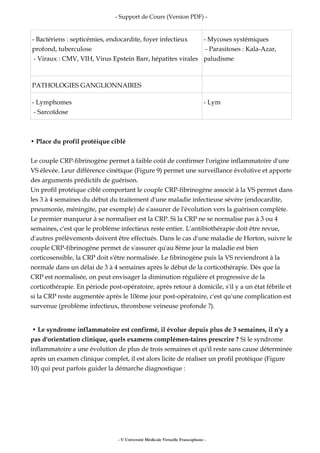 - Support de Cours (Version PDF) -
- Bactériens : septicémies, endocardite, foyer infectieux
profond, tuberculose
- Viraux : CMV, VIH, Virus Epstein Barr, hépatites virales
- Mycoses systémiques
- Parasitoses : Kala-Azar,
paludisme
PATHOLOGIES GANGLIONNAIRES
- Lymphomes
- Sarcoïdose
- Lym
• Place du profil protéique ciblé
Le couple CRP-fibrinogène permet à faible coût de confirmer l'origine inflammatoire d'une
VS élevée. Leur différence cinétique (Figure 9) permet une surveillance évolutive et apporte
des arguments prédictifs de guérison.
Un profil protéique ciblé comportant le couple CRP-fibrinogène associé à la VS permet dans
les 3 à 4 semaines du début du traitement d'une maladie infectieuse sévère (endocardite,
pneumonie, méningite, par exemple) de s'assurer de l'évolution vers la guérison complète.
Le premier marqueur à se normaliser est la CRP. Si la CRP ne se normalise pas à 3 ou 4
semaines, c'est que le problème infectieux reste entier. L'antibiothérapie doit être revue,
d'autres prélèvements doivent être effectués. Dans le cas d'une maladie de Horton, suivre le
couple CRP-fibrinogène permet de s'assurer qu'au 8ème jour la maladie est bien
corticosensible, la CRP doit s'être normalisée. Le fibrinogène puis la VS reviendront à la
normale dans un délai de 3 à 4 semaines après le début de la corticothérapie. Dès que la
CRP est normalisée, on peut envisager la diminution régulière et progressive de la
corticothérapie. En période post-opératoire, après retour à domicile, s'il y a un état fébrile et
si la CRP reste augmentée après le 10ème jour post-opératoire, c'est qu'une complication est
survenue (problème infectieux, thrombose veineuse profonde ?).
• Le syndrome inflammatoire est confirmé, il évolue depuis plus de 3 semaines, il n'y a
pas d'orientation clinique, quels examens complémen-taires prescrire ? Si le syndrome
inflammatoire a une évolution de plus de trois semaines et qu'il reste sans cause déterminée
après un examen clinique complet, il est alors licite de réaliser un profil protéique (Figure
10) qui peut parfois guider la démarche diagnostique :
- © Université Médicale Virtuelle Francophone -
 
