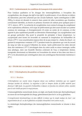 - Support de Cours (Version PDF) -
- © Université Médicale Virtuelle Francophone -
II.2.5 L'acheminement, les conditions de transport et de conservation
Pour l'analyse qualitative et les dosages des immunoglobulines, à l'exception des
cryoglobulines, des dosages des IgD et des IgG3, le prélèvement, s'il est effectué en dehors
du laboratoire, peut être acheminé par des circuits habituels. Après centrifugation à 1200-
1500 g, le sérum est décanté et conservé dans autant de tubes secondaires que d'analyse,
correctement identifiés, au besoin en présence d'azoture de sodium pour quelques jours à
+4° C, sinon à –20° C. La recherche de cryoglobuline, tout comme le dosage du complément
et les explorations cellulaires, est le type de prélèvement qui doit court-circuiter un système
commun de ramassage, et d'enregistrement s'il existe un centre de tri commun, et être
apporté le plus rapidement possible au laboratoire d'Immunologie. Les cryoglobulines sont
un groupe particulier d'Ig ayant la propriété de précipiter à basse température. Le
cryoprécipité ainsi formé est réversible en ramenant la température de l'échantillon de
sérum à 37° C. Leur caractérisation impose donc de ne pas rompre la « chaîne du chaud » en
gardant la température constante à 37° C pendant toutes les opérations qui vont du recueil
du sang sur tube sec jusqu'à l'obtention du sérum. Après prélèvement les tubes doivent
donc être maintenus à 37° C (enveloppés dans du coton cardé ou mieux immergés, scellés
sous plastique, dans une bouteille thermos contenant de l'eau à température idoine),
transportés directement au laboratoire où l'exsudation du sérum se fera dans une étuve à
37° C et la décantation par centrifugation dans une centrifugeuse thermostatée maintenue à
37° C.
II.3 ÉTUDE DE LA CHARGE : L'ELECTROPHORESE
II.3.1 L'électrophorèse des protéines sériques
II.3.1.1 Résultats
L'électrophorèse sur couche mince d'agarose donne une meilleure résolution que sur support
classique (acétate de cellulose). La migration se fait en tampon alcalin de faible molarité pour
diminuer l'effet Joule. La quantité d'échantillon à déposer est fonction du colorant utilisé, moindre
pour le noir amide que pour le rouge ponceau.
L'immunoglobuline monoclonale donne, en règle, une bande étroite (pic électrophorétique)
en raison de son homogénéité de charge, généralement dans les b- ou les g-globulines.
L'enregistrement densitométrique est plus difficile à évaluer que la simple analyse du tracé : une
augmentation des a2- ou des b-globulines est parfois interprétée à tort comme un pic.
La séméiologie électrophorétique des immunoglobulines monoclonales se résume à deux
signes :
 