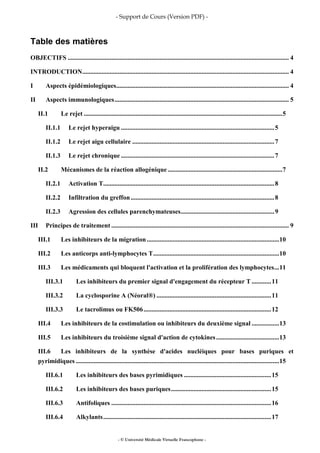 - Support de Cours (Version PDF) -
- © Université Médicale Virtuelle Francophone -
Table des matières
OBJECTIFS ......................................................................................................................................... 4
INTRODUCTION................................................................................................................................ 4
I Aspects épidémiologiques........................................................................................................... 4
II Aspects immunologiques............................................................................................................ 5
II.1 Le rejet ...........................................................................................................................5
II.1.1 Le rejet hyperaigu ...............................................................................................5
II.1.2 Le rejet aigu cellulaire ........................................................................................7
II.1.3 Le rejet chronique ...............................................................................................7
II.2 Mécanismes de la réaction allogénique .......................................................................7
II.2.1 Activation T..........................................................................................................8
II.2.2 Infiltration du greffon.........................................................................................8
II.2.3 Agression des cellules parenchymateuses..........................................................9
III Principes de traitement .............................................................................................................. 9
III.1 Les inhibiteurs de la migration..................................................................................10
III.2 Les anticorps anti-lymphocytes T..............................................................................10
III.3 Les médicaments qui bloquent l'activation et la prolifération des lymphocytes...11
III.3.1 Les inhibiteurs du premier signal d'engagement du récepteur T ............11
III.3.2 La cyclosporine A (Néoral®) .......................................................................11
III.3.3 Le tacrolimus ou FK506...............................................................................12
III.4 Les inhibiteurs de la costimulation ou inhibiteurs du deuxième signal .................13
III.5 Les inhibiteurs du troisième signal d'action de cytokines.......................................13
III.6 Les inhibiteurs de la synthèse d'acides nucléiques pour bases puriques et
pyrimidiques ..............................................................................................................................15
III.6.1 Les inhibiteurs des bases pyrimidiques ......................................................15
III.6.2 Les inhibiteurs des bases puriques..............................................................15
III.6.3 Antifoliques ...................................................................................................16
III.6.4 Alkylants........................................................................................................17
 