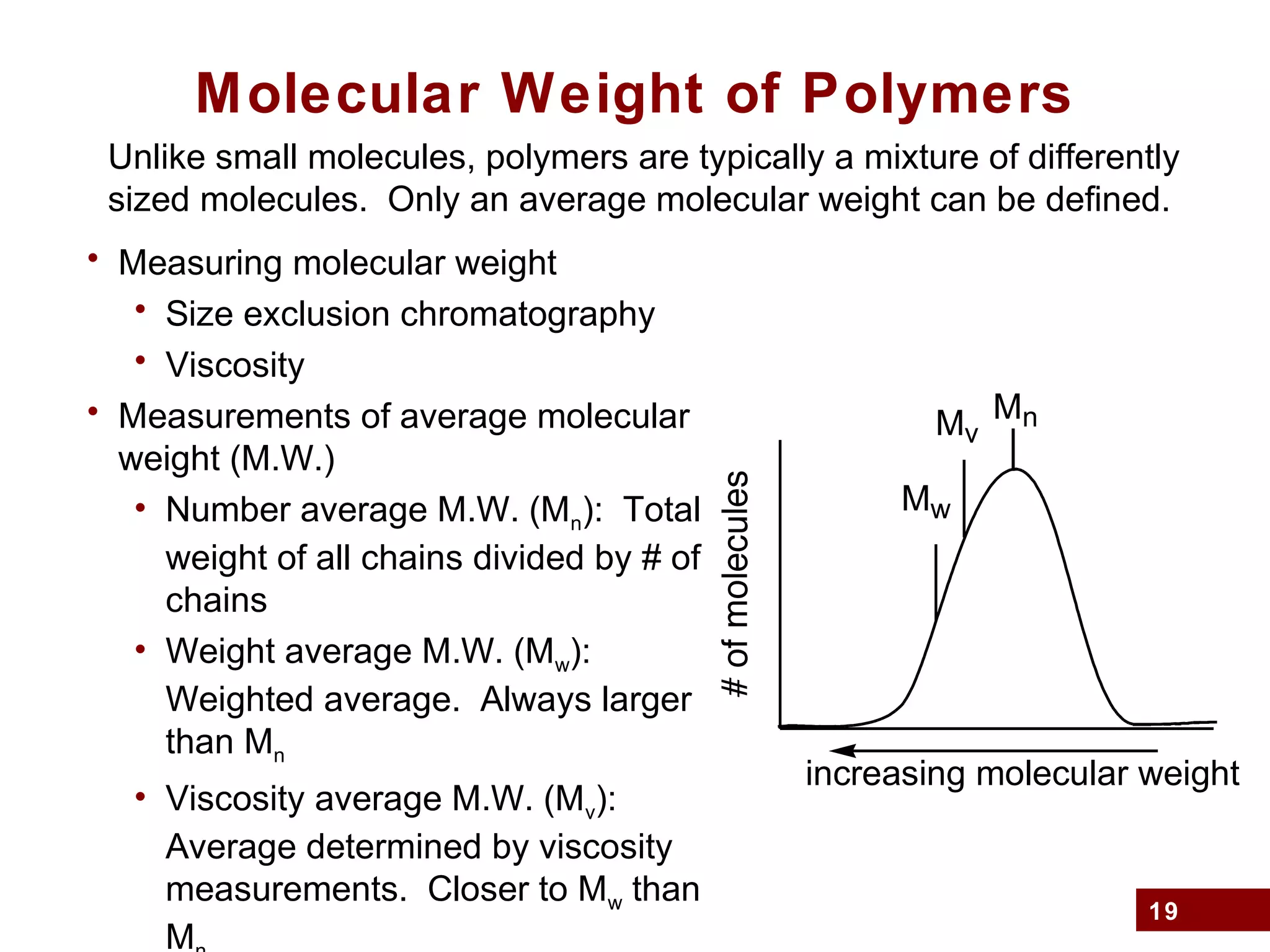 19
Molecular Weight of Polymers
Unlike small molecules, polymers are typically a mixture of differently
sized molecules. Only an average molecular weight can be defined.
• Measuring molecular weight
• Size exclusion chromatography
• Viscosity
• Measurements of average molecular
weight (M.W.)
• Number average M.W. (Mn): Total
weight of all chains divided by # of
chains
• Weight average M.W. (Mw):
Weighted average. Always larger
than Mn
• Viscosity average M.W. (Mv):
Average determined by viscosity
measurements. Closer to Mw than
M
# of molecules
Mn
Mw
increasing molecular weight
Mv
 