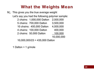 20
What the Weights Mean
Mn: This gives you the true average weight
Let's say you had the following polymer sample:
2 chains: 1,000,000 Dalton 2,000,000
5 chains: 700,000 Dalton 3,500,000
10 chains: 400,000 Dalton 4,000,000
4 chains: 100,000 Dalton 400,000
2 chains: 50,000 Dalton 100,000
10,000,000
10,000,000/23 = 435,000 Dalton
1 Dalton = 1 g/mole
 