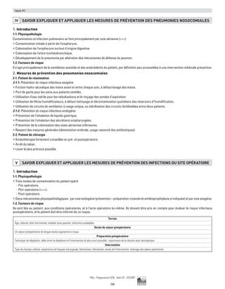 106
Pilly - Préparation ECN - Item 91 - ©CMIT
Item 91
IV SAVOIR EXPLIQUER ET APPLIQUER LES MESURES DE PRéVENTION DES PNEUMONIES NOSOCOMIALES
1. Introduction
1-1. Physiopathologie
Contamination et infection pulmonaire se font principalement par voie aérienne (+++)
ƒƒ Contamination initiale à partir de l’oropharynx.
ƒƒ Colonisation de l'oropharynx surtout d'origine digestive.
ƒƒ Colonisation de l’arbre trachéobronchique.
ƒƒ Développement de la pneumonie par altération des mécanismes de défense du poumon.
1-2. Facteurs de risque
Il s’agit principalement de la ventilation assistée et des antécédents du patient, par définition peu accessibles à une intervention médicale préventive.
2. Mesures de prévention des pneumonies nosocomiales
2-1. Patient de réanimation
2-1-1. Prévention du risque infectieux exogène
ƒƒ Friction hydro-alcoolique des mains avant et entre chaque soin, à défaut lavage des mains.
ƒƒ Port de gants pour les soins aux patients ventilés.
ƒƒ Utilisation d’eau stérile pour les nébulisations et le rinçage des sondes d’aspiration.
ƒƒ Utilisation de filtres humidificateurs, à défaut nettoyage et décontamination quotidiens des réservoirs d’humidification.
ƒƒ Utilisation de circuits de ventilation à usage unique, ou stérilisation des circuits réutilisables entre deux patients.
2-1-2. Prévention du risque infectieux endogène
ƒƒ Prévention de l'inhalation de liquide gastrique.
ƒƒ Prévention de l'inhalation des sécrétions oropharyngées.
ƒƒ Prévention de la colonisation des voies aériennes inférieures.
ƒƒ Respect des mesures générales (alimentation entérale, usage raisonné des antibiotiques).
2-2. Patient de chirurgie
ƒƒ Kinésithérapie fortement conseillée en pré- et postopératoire.
ƒƒ Arrêt du tabac.
ƒƒ Lever le plus précoce possible.
V SAVOIR EXPLIQUER ET APPLIQUER LES MESURES DE PRéVENTION DES INFECTIONS DU SITE OPéRATOIRE
1. Introduction
1-1. Physiopathologie
ƒƒ Trois modes de contamination du patient opéré
-- Pré-opératoire.
-- Péri-opératoire (+++).
-- Post-opératoire.
ƒƒ Deux mécanismes physiopathologiques : par voie endogène (prévention = préparation cutanée et antibioprophylaxie si indiquée) et par voie exogène.
1-2. Facteurs de risque
Ils sont liés au patient, aux conditions opératoires, et à l’acte opératoire lui-même. Ils doivent être pris en compte pour évaluer le risque infectieux
postopératoire, et le patient doit être informé de ce risque.
Terrain
Âge, obésité, état nutritionnel, maladie sous-jacente, infections préalables
Durée du séjour préopératoire
Un séjour préopératoire de longue durée augmente le risque
Préparation préopératoire
Technique de dépilation, délai entre la dépilation et l'intervention le plus court possible ; importance de la douche avec antiseptique
Intervention
Type de champs utilisés, expérience de l'équipe chirurgicale, hémostase, hématome, durée de l'intervention, drainage des plaies opératoires
 