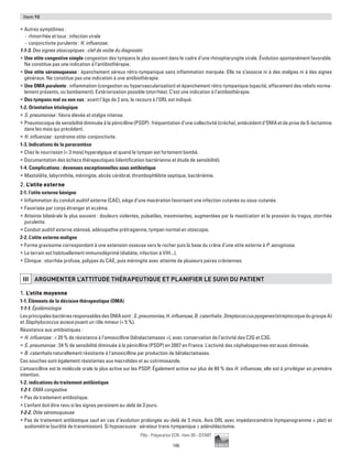 146
Pilly - Préparation ECN - Item 98 - ©CMIT
Item 98
ƒƒ Autres symptômes :
-- rhinorrhée et toux : infection virale
-- conjonctivite purulente : H. influenzae.
1-1-3. Des signes otoscopiques : clef de voûte du diagnostic
ƒƒ Une otite congestive simple congestion des tympans le plus souvent dans le cadre d’une rhinopharyngite virale. Évolution spontanément favorable.
Ne constitue pas une indication à l’antibiothérapie.
ƒƒ Une otite séromuqueuse : épanchement séreux rétro-tympanique sans inflammation marquée. Elle ne s’associe ni à des otalgies ni à des signes
généraux. Ne constitue pas une indication à une antibiothérapie.
ƒƒ Une OMA purulente : inflammation (congestion ou hypervascularisation) et épanchement rétro-tympanique (opacité, effacement des reliefs norma-
lement présents, ou bombement). Extériorisation possible (otorrhée). C’est une indication à l’antibiothérapie.
ƒƒ Des tympans mal ou non vus : avant l’âge de 2 ans, le recours à l’ORL est indiqué.
1-2. Orientation étiologique
ƒƒ S. pneumoniae : fièvre élevée et otalgie intense.
ƒƒ Pneumocoque de sensibilité diminuée à la pénicilline (PSDP) : fréquentation d’une collectivité (crèche), antécédent d’OMA et de prise de ß-lactamine
dans les mois qui précèdent.
ƒƒ H. influenzae : syndrome otite-conjonctivite.
1-3. Indications de la paracentèse
ƒƒ Chez le nourrisson ( 3 mois) hyperalgique et quand le tympan est fortement bombé.
ƒƒ Documentation des échecs thérapeutiques (identification bactérienne et étude de sensibilité).
1-4. Complications : devenues exceptionnelles sous antibiotique
ƒƒ Mastoïdite, labyrinthite, méningite, abcès cérébral, thrombophlébite septique, bactériémie.
2. L’otite externe
2-1. l’otite externe bénigne
ƒƒ Inflammation du conduit auditif externe (CAE), siège d’une macération favorisant une infection cutanée ou sous-cutanée.
ƒƒ Favorisée par corps étranger et eczéma.
ƒƒ Atteinte bilatérale le plus souvent : douleurs violentes, pulsatiles, insomniantes, augmentées par la mastication et la pression du tragus, otorrhée
purulente.
ƒƒ Conduit auditif externe sténosé, adénopathie prétragienne, tympan normal en otoscopie.
2-2. L’otite externe maligne
ƒƒ Forme gravissime correspondant à une extension osseuse vers le rocher puis la base du crâne d’une otite externe à P. aeruginosa.
ƒƒ Le terrain est habituellement immunodéprimé (diabète, infection à VIH...).
ƒƒ Clinique : otorrhée profuse, polypes du CAE, puis méningite avec atteinte de plusieurs paires crâniennes.
III ARGUMENTER L’ATTITUDE THéRAPEUTIQUE ET PLANIFIER LE SUIVI DU PATIENT
1. L’otite moyenne
1-1. Éléments de la décision thérapeutique (OMA)
1-1-1. Épidémiologie
LesprincipalesbactériesresponsablesdesOMAsont:S.pneumoniae,H.influenzae,B.catarrhalis.Streptococcuspyogenes(streptocoquedugroupe A)
et Staphylococcus aureus jouent un rôle mineur ( 5 %).
Résistance aux antibiotiques :
ƒƒ H. influenzae :  20 % de résistance à l’amoxicilline (bêtalactamases +), avec conservation de l’activité des C2G et C3G.
ƒƒ S. pneumoniae : 34 % de sensibilité diminuée à la pénicilline (PSDP) en 2007 en France. L'activité des céphalosporines est aussi diminuée.
ƒƒ B. catarrhalis naturellement résistante à l'amoxicilline par production de bêtalactamases.
Ces souches sont également résistantes aux macrolides et au cotrimoxazole.
L’amoxicilline est la molécule orale la plus active sur les PSDP. Également active sur plus de 80 % des H. influenzae, elle est à privilégier en première
intention.
1-2. indications du traitement antibiotique
1-2-1. OMA congestive
ƒƒ Pas de traitement antibiotique.
ƒƒ L’enfant doit être revu si les signes persistent au-delà de 3 jours.
1-2-2. Otite séromuqueuse
ƒƒ Pas de traitement antibiotique sauf en cas d’évolution prolongée au-delà de 3 mois. Avis ORL avec impédancemétrie (tympanogramme ± plat) et
audiométrie (surdité de transmission). Si hypoacousie : aérateur trans-tympanique ± adénoïdectomie.
 