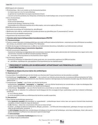 192
Pilly - Préparation ECN - Item 173 - ©CMIT
Item 173
2-3-3. Supports de la résistance
ƒƒ Chromosomique = liée à une mutation sur le chromosome bactérien
-- ne s’exerce que vis-à-vis d’un seul antibiotique
-- en général non transférable d’une espèce bactérienne à l’autre
-- concerne surtout les quinolones, les rifamycines, la fosfomycine, l’acide fusidique avec un taux de mutation élevé.
ƒƒ Extra-chromosomique :
-- le plus fréquent
-- le plus souvent plasmidique
-- pouvant porter plusieurs résistances à la fois
-- transmissible entre différentes bactéries de la même espèce, voire entre espèces différentes.
2-3-4. Mécanismes de la résistance
ƒƒ Inactivation enzymatique de l’antibiotique (ex. pénicillinases).
ƒƒ Modification de la cible (ex. modification de la protéine de liaison aux pénicillines pour S. pneumoniae et S. aureus).
ƒƒ Diminution de la perméabilité membranaire.
ƒƒ Augmentation des mécanismes d’efflux.
3. Données pharmacocinétiques/pharmacodynamiques (PK/PD)
3-1. Pharmacocinétique
ƒƒ Prend en compte l’absorption, la biodisponibilité (par voie orale), la diffusion (volume de distribution ; notamment pour sites difficilement accessibles :
œil, cerveau, os, prostate), la demi-vie sérique (T½), l’élimination.
ƒƒ Intérêts des dosages d’antibiotiques (pic et vallée en cas d’administration discontinue, résiduelle en cas d’administration continue).
3-2. Efficacité antibiotique temps et concentration-dépendante
ƒƒ Activité concentration-dépendante :
-- l’activité de l’antibiotique est dépendante de la concentration maximale obtenue après administration de l’antibiotique et du rapport entre cette
concentration maximale et la CMI de la bactérie (quotient inhibiteur)
-- ex. : aminosides et fluoroquinolones sur les bactéries à Gram négatif.
ƒƒ Activité temps-dépendante :
-- l’activité de l’antibiotique est dépendante du temps passé avec une concentration supérieure à la CMI de la bactérie
-- ex. : pénicillines, céphalosporines, glycopeptides et fluoroquinolones (sur les staphylocoques).
I
PRESCRIRE ET SURVEILLER UN MéDICAMENT APPARTENANT AUX PRINCIPALES CLASSES
D’ANTIBIOTIQUES
1. Modalités pratiques de prescription des antibiotiques
1-1. Quand prescrire ?
ƒƒ La prescription d’une antibiothérapie doit être limitée aux infections dont l’origine bactérienne est documentée ou probable.
ƒƒ L’antibiothérapie “prophylactique” ou “préventive” = vise à prévenir une infection précise dans des circonstances définies (prévention de l’infec-
tion postopératoire, de l’endocardite bactérienne, des infections invasives à méningocoques, du rhumatisme articulaire aigu, des infections chez le
splénectomisé…).
ƒƒ L’antibiothérapie “curative” = vise à traiter une infection bactérienne
-- antibiothérapie “probabiliste”, “présomptive” ou “empirique” = vise une infection bactérienne non caractérisée sur un plan microbiologique (dia-
gnostic uniquement clinique ou en attente d’un résultat bactériologique)
-- antibiothérapie “documentée” = vise une infection bactérienne caractérisée sur un plan microbiologique.
ƒƒ En règle générale, la réalisation d’un prélèvement bactériologique doit être envisagée de façon systématique avant tout traitement antibiotique,
notamment :
-- en cas d’infection sévère
-- en cas de sensibilité variable aux antibiotiques des bactéries causales suspectées.
1-2. Que prescrire ?
ƒƒ Choix initial de l’antibiothérapie reposant sur :
-- la/les bactérie(s) causale(s) (documentée(s) ou suspectées(s)) = antibiothérapie devant inclure dans son spectre d’activité la/les bactérie(s)
causale(s), en tenant compte du risque de résistance
-- le site infectieux = obtenir des concentrations efficaces au niveau du foyer
-- le patient = privilégier la tolérance (antécédents, allergies, grossesse…) et l’efficacité (immunodépression, pathologie chronique sous-jacente à
risque de décompensation, grossesse…)
-- le coût écologique (dépendant des caractéristiques intrinsèques et du spectre et de l’antibiotique ; entre deux antibiotiques, choisir celui avec le
spectre nécessaire et suffisant et non celui avec le spectre le plus large)
-- le coût économique.
ƒƒ Prescription d’une association d’antibiotiques dans trois cas :
-- pour élargir le spectre antibactérien
 