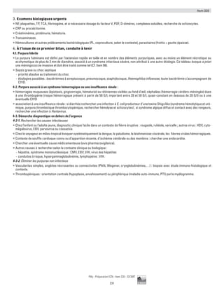 Item 330
231
Pilly - Préparation ECN - Item 330 - ©CMIT
3. Examens biologiques urgents
ƒƒ NF, plaquettes, TP, TCA, fibrinogène, et si nécessaire dosage du facteur V, PDF, D-dimères, complexes solubles, recherche de schizocytes.
ƒƒ CRP ou procalcitonine.
ƒƒ Créatininémie, protéinurie, hématurie.
ƒƒ Transaminases.
ƒƒ Hémocultures et autres prélèvements bactériologiques (PL, coproculture, selon le contexte), parasitaires (frottis + goutte épaisse).
4. À l’issue de ce premier bilan, conduite à tenir
4.1. Purpura fébrile
ƒƒ Le purpura fulminans est défini par l’extension rapide en taille et en nombre des éléments purpuriques, avec au moins un élément nécrotique ou
ecchymotique de plus de 3 mm de diamètre, associé à un syndrome infectieux sévère, non attribué à une autre étiologie. Ce tableau évoque a priori
une méningococcie invasive et doit être traité comme tel (Cf. Item 96).
ƒƒ Sepsis grave ou choc septique
-- priorité absolue au traitement du choc
-- étiologies possibles : bactériémies à streptocoque, pneumocoque, staphylocoque, Haemophilus influenzae, toute bactériémie s’accompagnant de
CIVD.
4-2. Purpura associé à un syndrome hémorragique ou une insuffisance rénale :
ƒƒ hémorragies muqueuses (épistaxis, gingivorragie, hématurie) ou rétiniennes visibles au fond d’œil, céphalées (hémorragie cérébro-méningée) dues
à une thrombopénie (risque hémorragique présent à partir de 50 G/l, important entre 20 et 50 G/l, quasi-constant en dessous de 20 G/l) ou à une
éventuelle CIVD
ƒƒ association à une insuffisance rénale : si diarrhée rechercher une infection à E. coli producteur d’une toxine Shiga like (syndrome hémolytique et uré-
mique, purpura thrombotique thrombocytopénique, rechercher hémolyse et schizocytes) ; si syndrome algique diffus et contact avec des rongeurs,
rechercher une infection à Hantavirus.
4-3. Démarche diagnostique en dehors de l’urgence
4-3-1. Rechercher les causes infectieuses
ƒƒ Chez l’enfant ou l’adulte jeune, diagnostic clinique facile dans un contexte de fièvre éruptive : rougeole, rubéole, varicelle ; autres virus : HSV, cyto-
mégalovirus, EBV, parvovirus ou coxsackie.
ƒƒ Chez le voyageur en milieu tropical évoquer systématiquement la dengue, le paludisme, la leishmaniose viscérale, les fièvres virales hémorragiques.
ƒƒ Contexte de souffle cardiaque connu ou d’apparition récente, d’ischémie cérébrale ou des membres : chercher une endocardite.
ƒƒ Chercher une éventuelle cause médicamenteuse (avis pharmacovigilance).
ƒƒ Autres causes à rechercher selon le contexte clinique ou biologique :
-- hépatite, syndrome mononucléosique : CMV, EBV, VIH, virus des hépatites
-- conduites à risque, hypergammaglobulinémie, lymphopénie : VIH.
4-3-2. Éliminer les purpuras non infectieux
ƒƒ Vascularites simples, angéites nécrosantes ou connectivites (PAN, Wegener, cryoglobulinémies,…) : biopsie avec étude immuno-histologique et
contexte.
ƒƒ Thrombopéniques : orientation centrale (hypoplasie, envahissement) ou périphérique (maladie auto-immune, PTI) par le myélogramme.
 