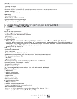 20
Pilly - Préparation ECN - Item 77 - ©CMIT
Item 77
2-2-2. Signes fonctionnels
ƒƒ Obstruction nasale, éternuements, toux.
ƒƒ Rhinorrhée claire puis mucopurulente (ne signe pas une surinfection bactérienne et ne justifie pas d’antibiotique).
ƒƒ Douleurs pharyngées.
ƒƒ Parfois gastroentérite fébrile chez le nourrisson.
2-2-3. Examen
ƒƒ Pharynx inflammatoire.
ƒƒ Écoulement nasal postérieur inconstant.
ƒƒ Adénopathies sous-digastriques chez l’enfant.
ƒƒ Tympans normaux ou congestifs chez l’enfant.
II
ARGUMENTER L’ATTITUDE THéRAPEUTIQUE ET PLANIFIER LE SUIVI DU PATIENT :
ANGINES ET RHINOPHARYNGITES
1. Angines
Fonction de l’aspect anatomoclinique.
1-1. Angines érythémateuses et érythématopultacées
1-1-1. Risque lié au SGA et à ses complications potentielles
1-1-2. Traitement
ƒƒ Symptomatique : paracétamol.
ƒƒ Stratégie antibiotique
-- TDR négatif : angine présumée virale : traitement symptomatique ; paracétamol (adulte 1 g x 4 par jour ; enfant 15 mg/kg x 4 par jour).
-- TDR positif : angine streptococcique : antibiothérapie per os ; privilégier les traitements courts pour améliorer l’observance. Amoxicilline en pre-
mière intention ; sinon céphalosporine orale. En cas d’allergie aux ß-lactamines, pristinamycine chez l’adulte, macrolides chez l’enfant après prélè-
vement de gorge préalable (20 % de résistance du strepto A aux macrolides).
-- Choix antibiotique : Cf. tableau T77-2.
2-2. Angines pseudomembraneuses
2-2-1. Mononucléose infectieuse
ƒƒ Repos, antipyrétique.
ƒƒ Corticothérapie si forme sévère ou compliquée.
ƒƒ Les aminopénicillines (amoxicilline) sont à proscrire car risque d’allergie (exanthème morbilliforme).
ƒƒ Il n’y a pas d’antiviral efficace sur EBV.
2-2-2. Diphtérie
ƒƒ Urgence thérapeutique.
ƒƒ Nécessite prise en charge spécialisée (antibiotiques par ß-lactamines + sérothérapie).
ƒƒ Isolement respiratoire ; corticothérapie si laryngite.
ƒƒ Déclaration obligatoire à l’ARS.
ƒƒ Prophylaxie sujets contacts.
ƒƒ La prévention repose sur la vaccination obligatoire chez l’enfant avec rappel chez l’adulte jeune.
2-3. Angines vésiculeuses
2-3-1. Herpangine
ƒƒ Traitement symptomatique.
2-3-2. Primo-infection herpétique
ƒƒ Soins de bouche.
ƒƒ Aciclovir si forme sévère.
ƒƒ Réhydratation si nécessaire.
2-4. Angines ulcéronécrotiques
2-4-1. Angine de Vincent
ƒƒ Traitement symptomatique si nécessaire.
ƒƒ Antibiothérapie par pénicilline ou métronidazole si allergie.
2-4-2. Chancre syphilitique amygdalien
ƒƒ Recherche et traitement du ou de(s) partenaire(s), recherche d’autres MST associées (VIH…).
ƒƒ Antibiothérapie par benzathine-pénicilline (2,4 M en 1 injection IM).
 