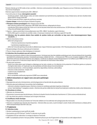 40
Pilly - Préparation ECN - Item 81 - ©CMIT
Item 81
Patients infectés par le VIH traités et bien contrôlés : infections communautaires habituelles, avec fréquence accrue d’infections respiratoires et de
récurrences herpétiques.
Infections opportunistes si lymphocytes CD4  200/mm3
.
ƒƒ Lors de la prise en charge, interrogatoire essentiel :
-- situation du patient : stade clinique, traité, non traité, traitement suivi (antirétroviral, prophylaxies), niveau d’observance, derniers résultats biolo-
giques (CD4 et charge virale VIH)
-- durée et niveau de la fièvre, signes de souffrance viscérale.
ƒƒ Examen clinique, recherche de signes d’atteinte d’organes.
ƒƒ Principaux examens paracliniques selon clinique et taux de CD4 :
-- bilan infectieux habituel, NFS, plaquettes, CRP, ECBU, hémocultures, radiographie du thorax
-- contrôle des CD4 si datant de plus de 3 mois ou en cas de mauvaise observance des antirétroviraux. Si CD4 inférieurs à 200/mm3
, recherche spé-
cifique des pathologies opportunistes.
ƒƒ Urgence = repérer gravité liée à immunodépression avec CD4  200/m3
, localisation, agent infectieux
-- Chiffre CD4 urgent à connaître (à contrôler si date 3 mois) pour traitement anti-infectieux urgent (Cf. Item 85).
3-3. Infections chez les patients atteints d’une maladie de système traitée par corticoïdes au long cours et/ou immunosuppresseurs (lupus,
vascularite…)
ƒƒ Déficits immunitaires mixtes :
-- déficit de la phagocytose :
•	 infections bactériennes à bactéries pyogènes
•	 bactériémies (staphylocoque++).
-- déficit de l’immunité spécifique (humorale et cellulaire) avec risque d’infections opportunistes : VZV, Pneumocystis jiroveci, Nocardia, mycobactéries.
ƒƒ Symptomatologie infectieuse atténuée par le traitement.
ƒƒ Prise en charge rapide pour bilan étiologique et traitement.
3-4. Infections chez les patients sous anti-cytokines
ƒƒ Anticorpsmonoclonauxutilisésàviséeimmunosuppressive:trèslargeessordanslesmaladiessystémiquesauto-immunes(polyarthriterhumatoïde,
spondylarthrite ankylosante, psoriasis, rhumatisme psoriasique, maladie de Crohn…). Anticorps anti-TNFα ou anti-récepteur soluble du TNFα, plus
récemment anticorps anti-IL6 et anticorps anti-intégrine α (sclérose en plaques). Essais thérapeutiques et surveillance post-AMM ont mis en évi-
dence un risque accru d’infections (risque relatif de 2 à 3), notamment de réactivation tuberculeuse.
ƒƒ On peut ainsi rencontrer :
-- réveil d’une tuberculose ayant échappé au dépistage par les tests cutanés ou à la détection de la production d’interféron gamma en présence
d’antigène tuberculeux, et n’ayant pas reçu de prophylaxie antituberculeuse (recommandations)
-- infections bactériennes : arthrite (prothèse), septicémie, légionellose, listériose, salmonellose
-- infections virales extensives : herpès, VZV.
-- cryptococcose, toxoplasmose
-- lymphome fébrile
-- leuco-encéphalite multifocale progressive (LEMP) sous natazulimab.
4. Déficit immunitaire en rapport avec une autre pathologie
4-1. Diabète
ƒƒ Hyperglycémie perturbe chimiotactisme, activité phagocytaire et bactéricidie des polynucléaires.
ƒƒ Infections plus particulièrement rencontrées chez le diabétique :
-- infections cutanées à staphylocoques, infections urinaires et candidoses génitales (vaginites et balanites)
-- surtout “pied diabétique” à pyogènes cutanés : infections des parties molles (dont le mal perforant plantaire), ostéite des orteils ou des métatarsiens.
4-2. Alcoolisme et cirrhose
ƒƒ Altération du chimiotactisme.
ƒƒ Pneumonies à pneumocoque bactériémiques, infections du liquide d’ascite (translocation bactérienne à E. Coli ou autres entérobactéries).
ƒƒ 25 % des décès des patients cirrhotiques sont d’origine infectieuse.
4-3. Insuffisance rénale chronique
ƒƒ Responsable d’une discrète perturbation de l’immunité cellulaire et d’une altération de la phagocytose des monocytes.
ƒƒ Infections à staphylocoque doré les plus fréquentes : infections liées aux soins, à point de départ cutané, fistule artérioveineuse ou dialyse périto-
néale (asymptomatique dans 95 % des cas).
5. Prophylaxie
5-1. Infections virales
ƒƒ Aciclovir systématique en post-greffe de moelle.
ƒƒ Vaccinations anti-VZV (Varivax®
, Varilrix®
) à discuter en pré-greffe.
ƒƒ Prophylaxie VZV par valaciclovir si contage et absence d’immunité.
ƒƒ CMV : la prophylaxie primaire n’est pas justifiée. Traitement précoce par voie IV (ganciclovir ou foscarnet) ou orale (valganciclovir).
 