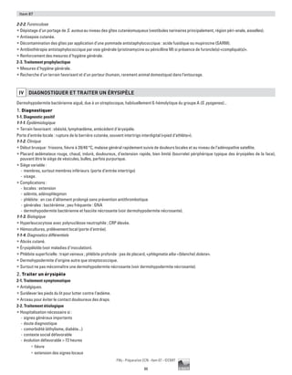 86
Pilly - Préparation ECN - Item 87 - ©CMIT
Item 87
2-2-2. Furonculose
ƒƒ Dépistage d’un portage de S. aureus au niveau des gîtes cutanéomuqueux (vestibules narinaires principalement, région péri-anale, aisselles).
ƒƒ Antisepsie cutanée.
ƒƒ Décontamination des gîtes par application d’une pommade antistaphylococcique : acide fusidique ou mupirocine (SARM).
ƒƒ Antibiothérapie antistaphylococcique par voie générale (pristinamycine ou pénicilline M) si présence de furoncle(s) «compliqué(s)».
ƒƒ Renforcement des mesures d’hygiène générale.
2-3. Traitement prophylactique
ƒƒ Mesures d’hygiène générale.
ƒƒ Recherche d’un terrain favorisant et d’un porteur (humain, rarement animal domestique) dans l’entourage.
IV DIAGNOSTIQUER ET TRAITER UN éRYSIPèLE
Dermohypodermite bactérienne aiguë, due à un streptocoque, habituellement ß-hémolytique du groupe A (S. pyogenes)...
1. Diagnostiquer
1-1. Diagnostic positif
1-1-1. Épidémiologique
ƒƒ Terrain favorisant : obésité, lymphœdème, antécédent d’érysipèle.
Porte d’entrée locale : rupture de la barrière cutanée, souvent intertrigo interdigital («pied d’athlète»).
1-1-2. Clinique
ƒƒ Début brusque : frissons, fièvre à 39/40 °C, malaise général rapidement suivis de douleurs locales et au niveau de l’adénopathie satellite.
ƒƒ Placard œdémateux rouge, chaud, induré, douloureux, d’extension rapide, bien limité (bourrelet périphérique typique des érysipèles de la face),
pouvant être le siège de vésicules, bulles, parfois purpurique.
ƒƒ Siège variable :
-- membres, surtout membres inférieurs (porte d’entrée intertrigo)
-- visage.
ƒƒ Complications :
-- locales : extension
-- adénite, adénophlegmon
-- phlébite : en cas d’alitement prolongé sans prévention antithrombotique
-- générales : bactériémie ; peu fréquente : GNA
-- dermohypodermite bactérienne et fasciite nécrosante (voir dermohypodermite nécrosante).
1-1-3. Biologique
ƒƒ Hyperleucocytose avec polynucléose neutrophile ; CRP élevée.
ƒƒ Hémocultures, prélèvement local (porte d’entrée).
1-1-4. Diagnostics différentiels
ƒƒ Abcès cutané.
ƒƒ Érysipéloïde (voir maladies d’inoculation).
ƒƒ Phlébite superficielle : trajet veineux ; phlébite profonde : pas de placard, «phlegmatia alba =(blanche) dolens».
ƒƒ Dermohypodermite d’origine autre que streptococcique.
ƒƒ Surtout ne pas méconnaître une dermohypodermite nécrosante (voir dermohypodermite nécrosante).
2. Traiter un érysipèle
2-1. Traitement symptomatique
ƒƒ Antalgiques.
ƒƒ Surélever les pieds du lit pour lutter contre l’œdème.
ƒƒ Arceau pour éviter le contact douloureux des draps.
2-2. Traitement étiologique
ƒƒ Hospitalisation nécessaire si :
-- signes généraux importants
-- doute diagnostique
-- comorbidité (éthylisme, diabète...)
-- contexte social défavorable
-- évolution défavorable  72 heures
•	 fièvre
•	 extension des signes locaux
 