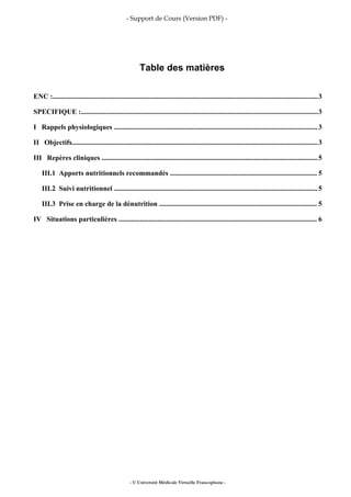 - Support de Cours (Version PDF) -
Table des matières
ENC :......................................................................................................................................................3
SPECIFIQUE :......................................................................................................................................3
I Rappels physiologiques ...................................................................................................................3
II Objectifs...........................................................................................................................................3
III Repères cliniques ..........................................................................................................................5
III.1 Apports nutritionnels recommandés ................................................................................... 5
III.2 Suivi nutritionnel ...................................................................................................................5
III.3 Prise en charge de la dénutrition ......................................................................................... 5
IV Situations particulières ................................................................................................................ 6
- © Université Médicale Virtuelle Francophone -
 