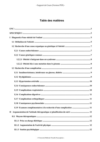- Support de Cours (Version PDF) -
Table des matières
ENC :......................................................................................................................................................3
SPECIFIQUE :......................................................................................................................................3
I Diagnostic d'une obésité de l'enfant .............................................................................................. 5
I.1 Définition de l'obésité ............................................................................................................... 5
I.2 Recherche d'une cause organique ou génétique à l'obésité .................................................. 7
I.2.1 Causes endocriniennes ......................................................................................................7
I.2.2 Causes génétiques connues ...............................................................................................7
I.2.2.1 Obésité s'intégrant dans un syndrome .................................................................... 8
I.2.2.2 Obésité liée à une mutation dans le génome ........................................................... 8
I.3 Recherche d'une complication .................................................................................................9
I.3.1 Insulinorésistance, intolérance au glucose, diabète ....................................................... 9
I.3.2 Dyslipidémies .....................................................................................................................9
I.3.3 Hypertension artérielle ...................................................................................................10
I.3.4 Conséquences endocriniennes ........................................................................................10
I.3.5 Complications respiratoires ...........................................................................................10
I.3.6 Complications digestives ................................................................................................ 11
I.3.7 Complications orthopédiques ........................................................................................ 11
I.3.8 Conséquences psychosociales .........................................................................................11
I.3.9 Examens complémentaires à la recherche d'une complication .................................. 11
II Argumentation de l'attitude thérapeutique et planification du suivi ..................................... 12
II.1 Moyens thérapeutiques .........................................................................................................12
II.1.1 Prise en charge diététique .............................................................................................12
II.1.2 Augmentation de l'activité physique ........................................................................... 12
II.1.3 Soutien psychologique ...................................................................................................12
- © Université Médicale Virtuelle Francophone -
 