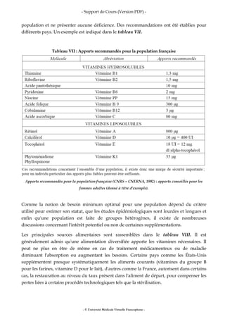 - Support de Cours (Version PDF) -
- © Université Médicale Virtuelle Francophone -
population et ne présenter aucune déficience. Des recommandations ont été établies pour
différents pays. Un exemple est indiqué dans le tableau VII.
Tableau VII : Apports recommandés pour la population française
Apports recommandés pour la population française (CNRS – CNERNA, 1992) : apports conseillés pour les
femmes adultes (donné à titre d'exemple).
Comme la notion de besoin minimum optimal pour une population dépend du critère
utilisé pour estimer son statut, que les études épidémiologiques sont lourdes et longues et
enfin qu'une population est faite de groupes hétérogènes, il existe de nombreuses
discussions concernant l'intérêt potentiel ou non de certaines supplémentations.
Les principales sources alimentaires sont rassemblées dans le tableau VIII. Il est
généralement admis qu'une alimentation diversifiée apporte les vitamines nécessaires. Il
peut ne plus en être de même en cas de traitement médicamenteux ou de maladie
diminuant l'absorption ou augmentant les besoins. Certains pays comme les États-Unis
supplémentent presque systématiquement les aliments courants (vitamines du groupe B
pour les farines, vitamine D pour le lait), d'autres comme la France, autorisent dans certains
cas, la restauration au niveau du taux présent dans l'aliment de départ, pour compenser les
pertes liées à certains procédés technologiques tels que la stérilisation.
 