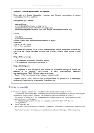 © UMVF - Université Médicale Virtuelle Francophone
Synthèse : conduite à tenir devant une diplopie
Reconnaître une diplopie binoculaire, s’opposant aux diplopies monoculaires de causes
oculaires (cornée, iris et cristallin).
Interrogatoire : pour préciser :
– les antécédents ;
– le mode d’installation, brutale ou progressive ;
– les signes extra-oculaires, notamment neurologiques ;
– les antécédents généraux (terrain vasculaire, diabète, affection thyroïdienne, etc.).
Examen :
– inspection ;
– étude de l’oculomotricité :
• motilité oculaire dans les différents mouvements du regard,
• cover-test,
• examen au verre rouge,
• test de Hess-Lancaster.
Cet examen sera complété par un examen ophtalmologique complet, comportant acuité visuelle
avec correction optique éventuelle, tonus oculaire, examen du champ visuel, examen du fond
d’œil.
Diagnostic topographique :
– POM intraxiales : notamment syndromes alternes ;
– POM tronculaires : III complet ou partiel, IV, VI.
Diagnostic étiologique :
– Les examens à visée étiologique sont fonction de l’orientation étiologique donnée par
l’examen et le diagnostic topographique : il s’agit essentiellement d’examens
neuroradiologiques : TDM, IRM, artériographie cérébrale.
– Causes : POM traumatiques, tumeurs, causes vasculaires, etc.
Toujours évoquer, surtout chez le sujet jeune présentant une paralysie du III extrinsèque
partielle et du III intrinsèque, un anévrisme intracrânien +++.
Points essentiels
● Devant une diplopie isolée il faut particulièrement rechercher chez un adulte jeune :
- un anévrisme intracrânien (+++) notamment en cas de paralysie partielle du III associé à des signes
pupillaires et à des douleurs, imposant une exploration neuro-radiologique en urgence.
- une tumeur, à l’origine d’1/4 des paralysies oculomotrices et demander systématiquement des
explorations neuro-radiologiques.
- une sclérose en plaques révélée par une paralysie oculomotrice dans 10 % des cas.
- une myasthénie.
● Chez le sujet plus âgé :
- les tumeurs gardent la même priorité et les explorations neuro-radiologiques restent systématiques.
- il faut retenir ensuite comme causes les accidents vasculaires ischémiques et hémorragiques.
16
 