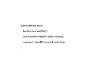 public interface Task {
boolean isInGoalState();
void handleEvents(Set<Event> events);
void applyRules(Consumer<Event> bus);
}
 