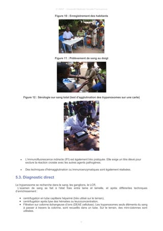 © UMVF - Université Médicale Virtuelle Francophone
Figure 10 : Enregistrement des habitants
Figure 11 : Prélèvement de sang au doigt
Figure 12 : Sérologie sur sang total (test d'agglutination des trypanosomes sur une carte)
• L’immunofluorescence indirecte (IFI) est également très pratiquée. Elle exige un titre élevé pour
exclure la réaction croisée avec les autres agents pathogènes.
• Des techniques d'hémagglutination ou immunoenzymatiques sont également réalisées.
5.3. Diagnostic direct
Le trypanosome se recherche dans le sang, les ganglions, le LCR.
L’examen de sang se fait à l’état frais entre lame et lamelle, et après différentes techniques
d’enrichissement :
● centrifugation en tube capillaire hépariné (très utilisé sur le terrain),
● centrifugation après lyse des hématies ou leucoconcentration,
● Filtration sur colonne échangeuse d’ions (DEAE cellulose). Les trypanosomes seuls éléments du sang
à passer à travers la colonne, sont recueillis dans un tube. Sur le terrain, des mini-colonnes sont
utilisées.
9
 